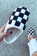 Black Checkered Print Fuzzy Slip On Winter Slippers - SELFTRITSS   