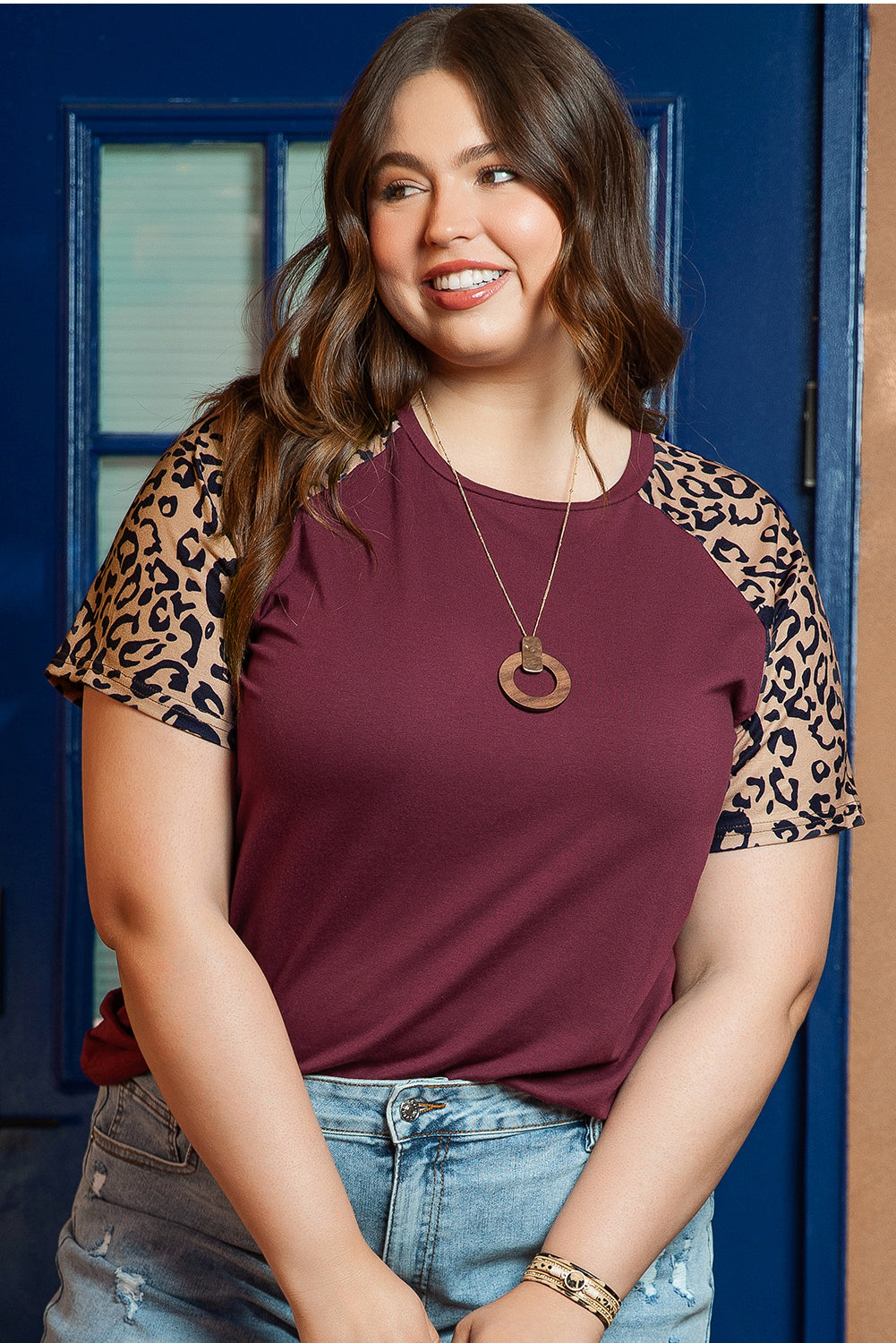 Burgundy Contrast Leopard Raglan Sleeve Plus Size T-shirt - SELFTRITSS