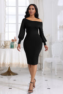 Boat Neck Lantern Sleeve Dress - SELFTRITSS   