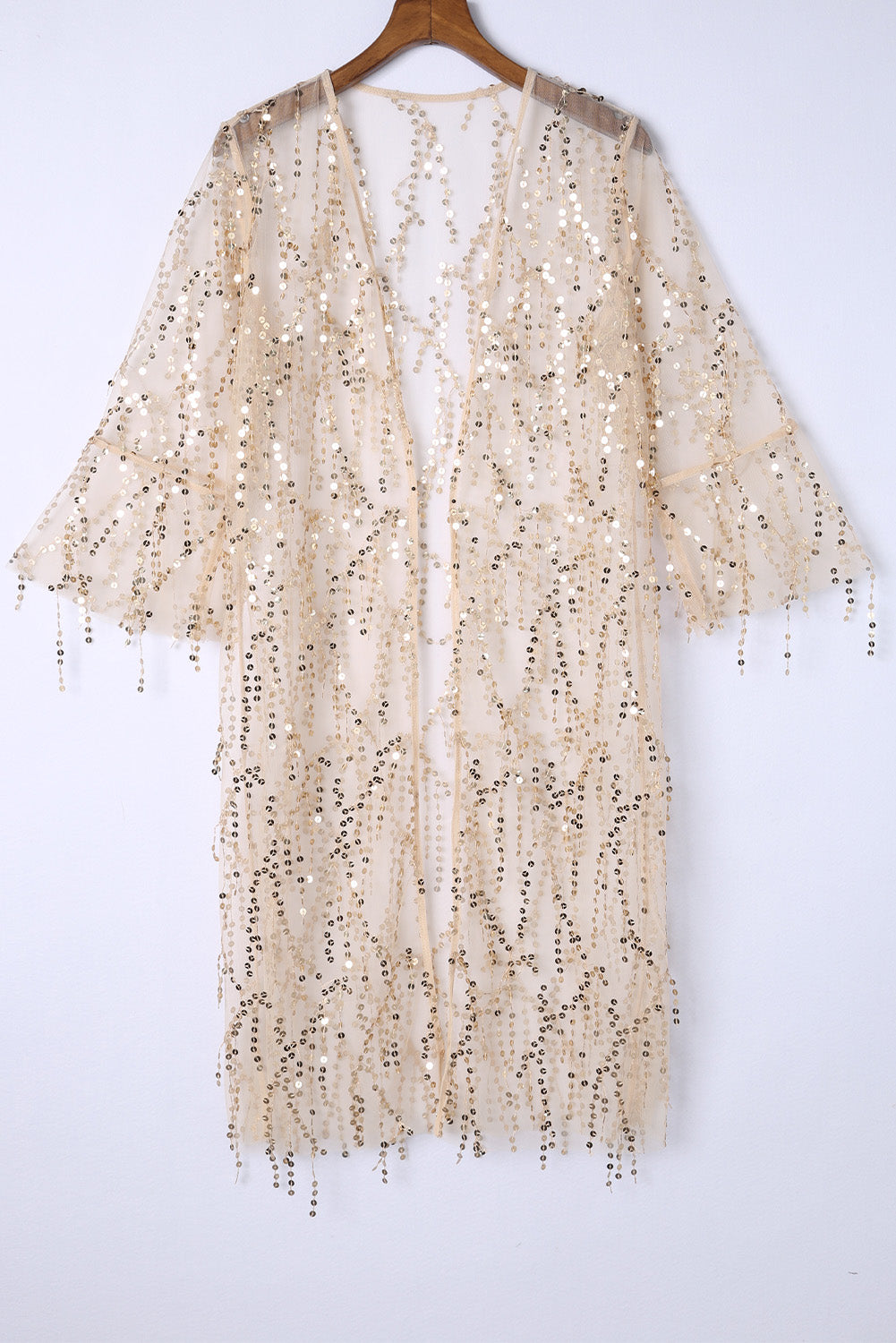 White Sequin Sheer Long Sleeve Open Front Kimono - SELFTRITSS