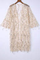 White Sequin Sheer Long Sleeve Open Front Kimono - SELFTRITSS   