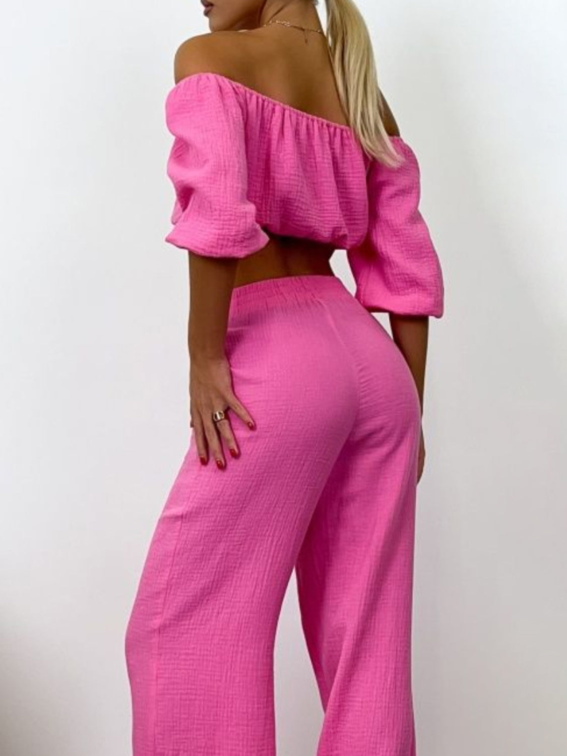 Off Shoulder Long Sleeve Top and Pants Set - SELFTRITSS   