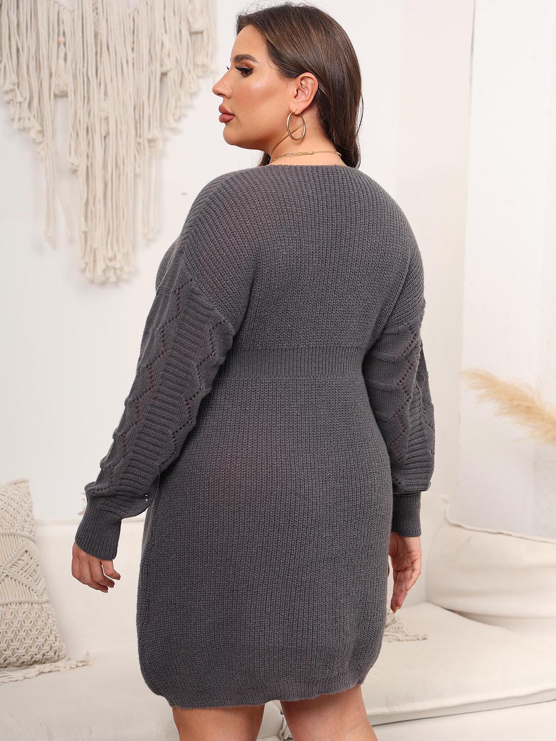 Plus Size Dropped Shoulder Long Sleeve Knit Mini Dress - SELFTRITSS