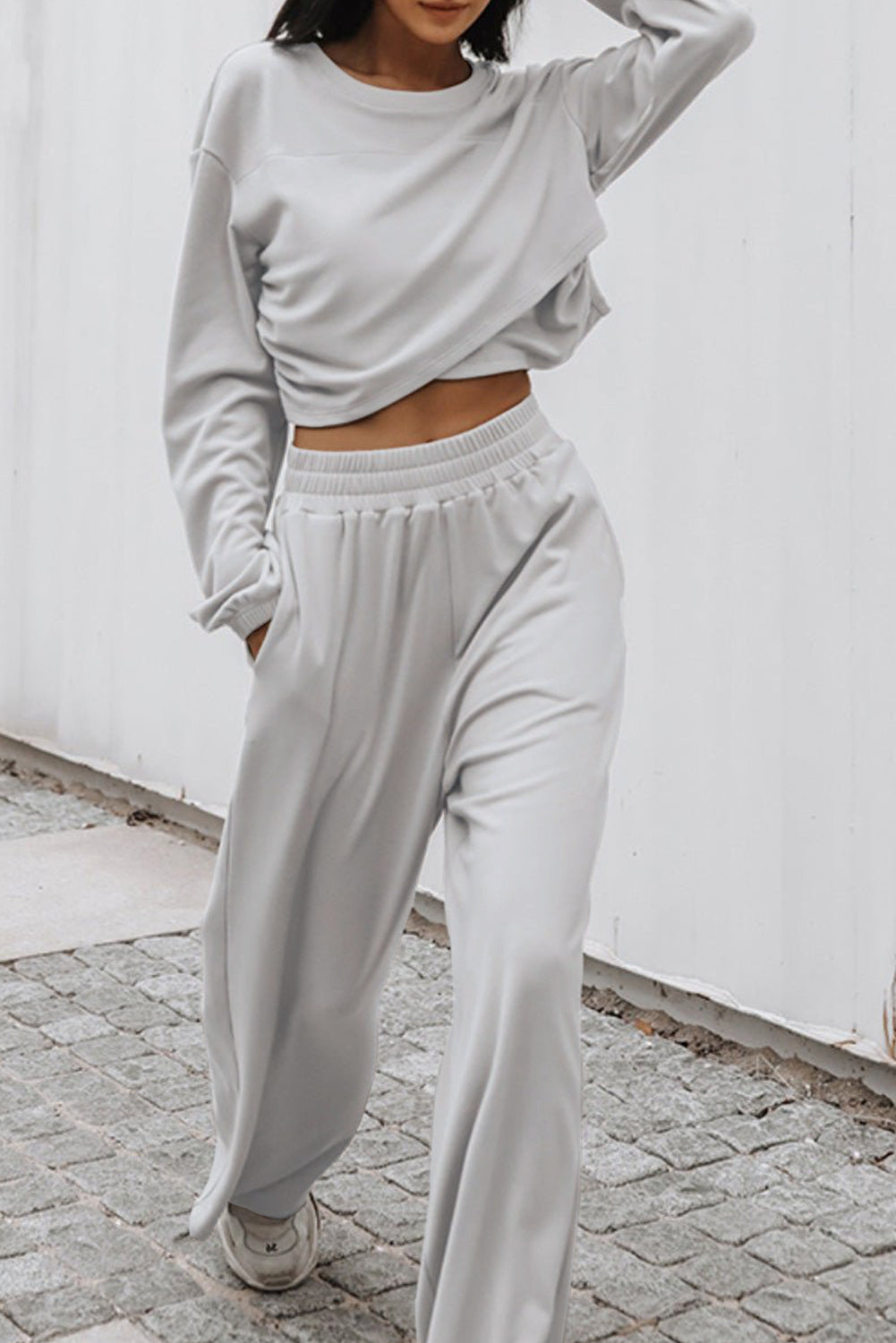 Light Grey Solid Criss Cross Crop Top and Pants Active Set - SELFTRITSS