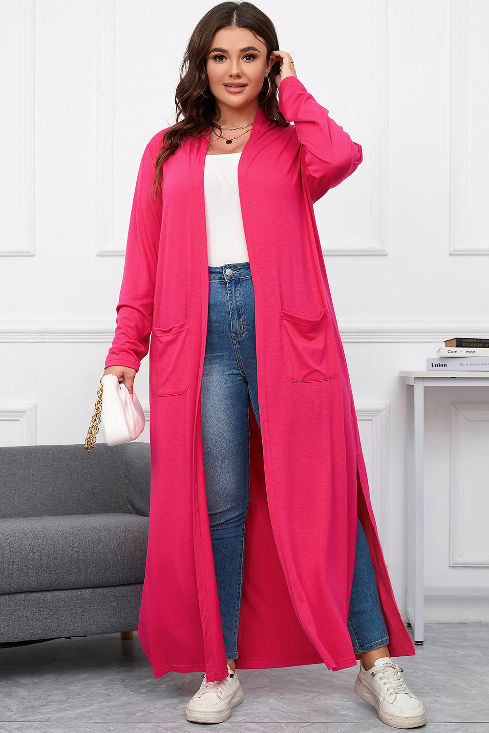 Strawberry Pink Plus Size Side Split Pockets Duster Cardigan - SELFTRITSS   