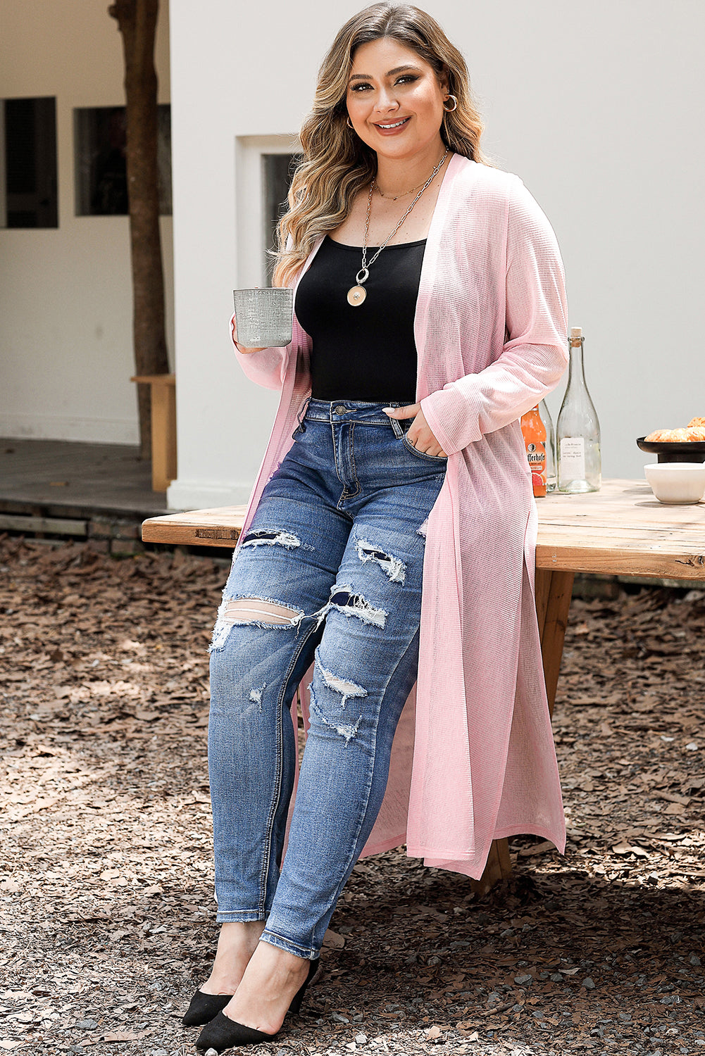 Pink Sheer Knitted Long Side Slit Plus Size Cardigan - SELFTRITSS