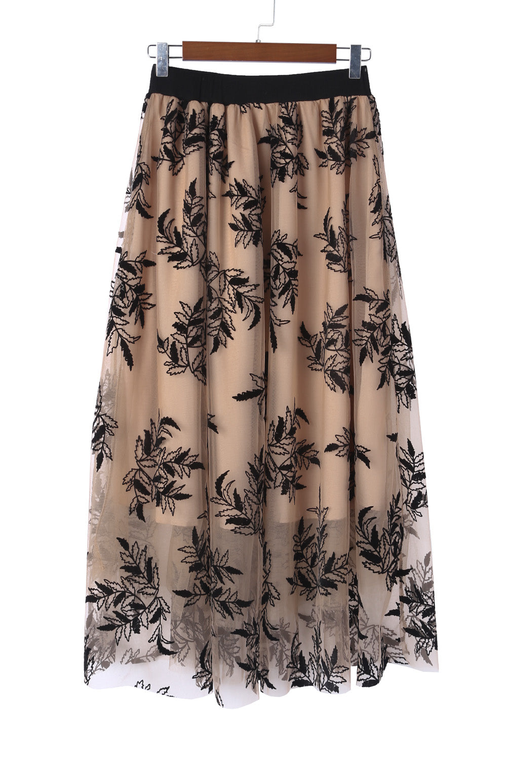 Apricot Floral Leaves Embroidered High Waist Maxi Skirt - SELFTRITSS