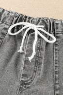 Gray Pocketed Drawstring High Waist Denim Shorts - SELFTRITSS