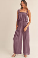 Rose Tan Solid Self Tied Straps Pleated Wide Leg Jumpsuit - SELFTRITSS   