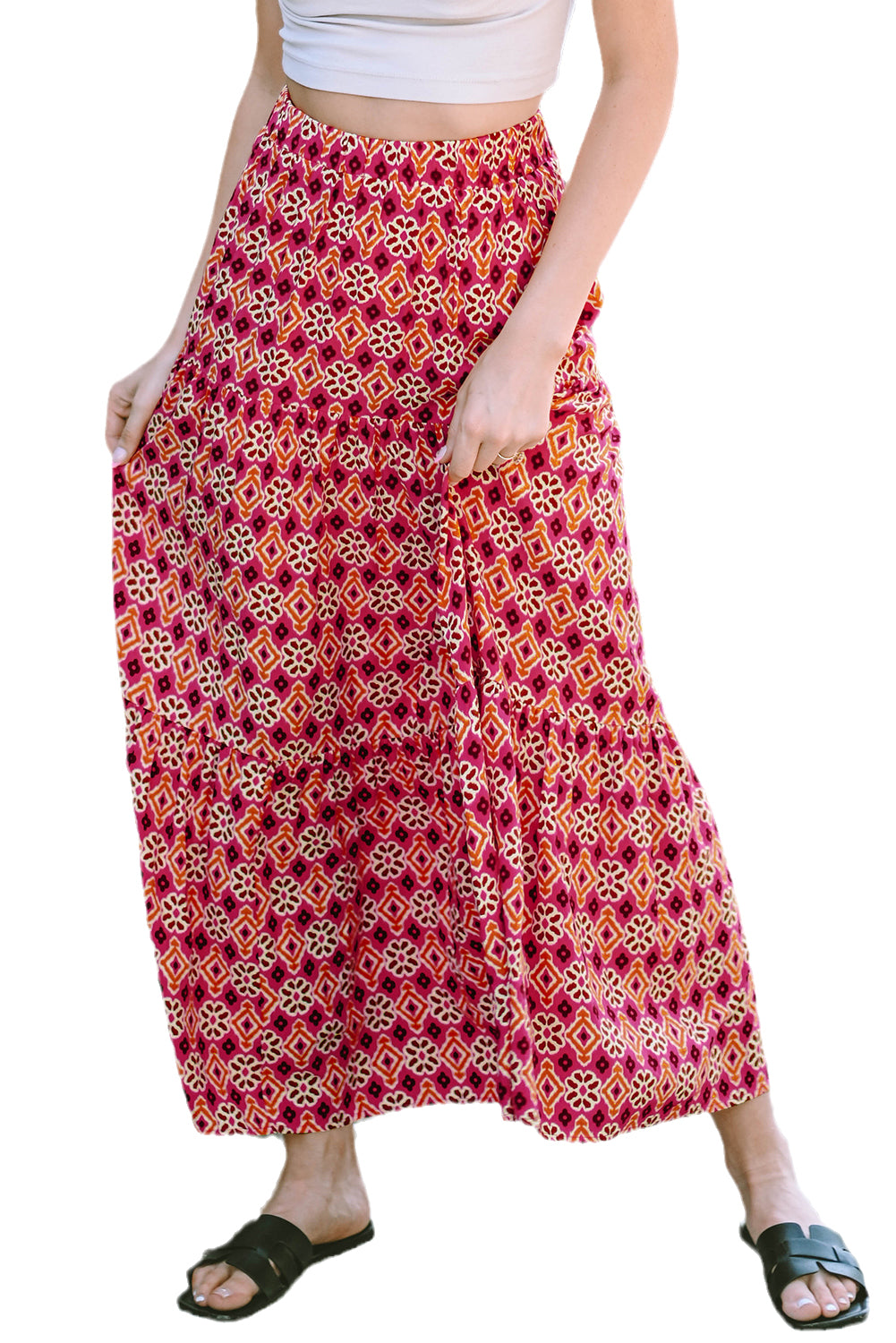 Rose Vintage Boho Floral Print Tiered Maxi Skirt - SELFTRITSS