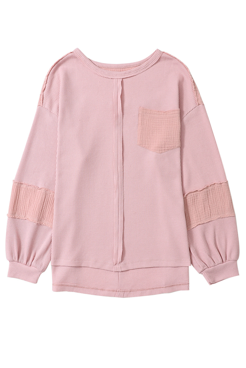 Pink Exposed Seam Patchwork Bubble Sleeve Waffle Knit Top - SELFTRITSS   