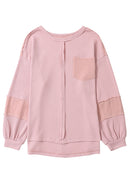 Pink Exposed Seam Patchwork Bubble Sleeve Waffle Knit Top - SELFTRITSS   