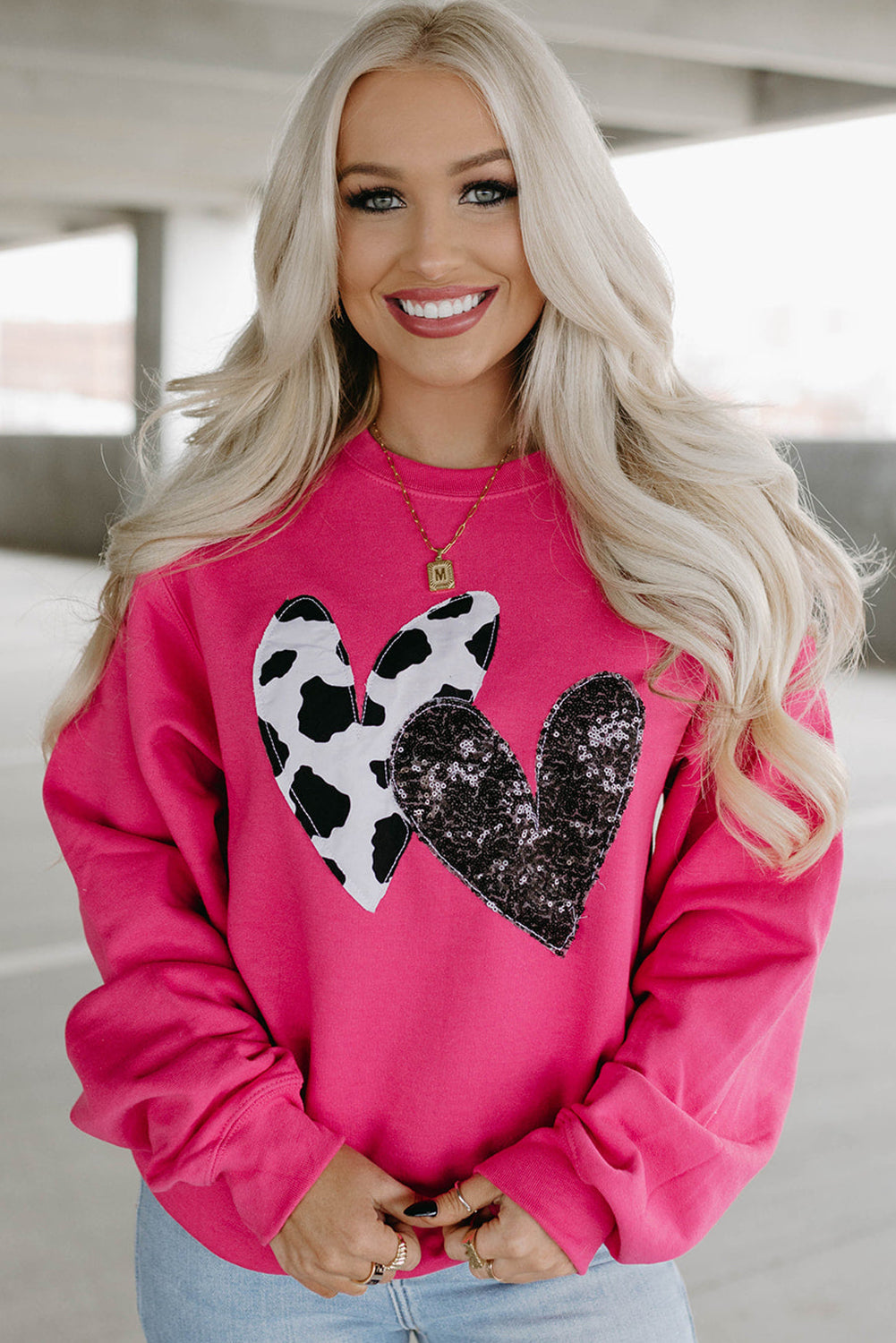 Strawberry Pink Cow & Sequin Double Heart Patch Graphic Sweatshirt - SELFTRITSS