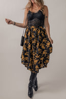 Black Printed Elastic Waist Button Decor Floral Ruffle Skirt - SELFTRITSS