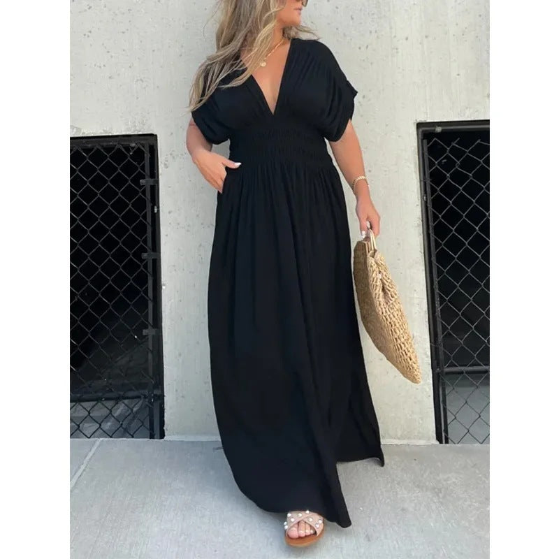 Women's Fashion Bat-sleeved V-neck Slit Dress - SELFTRITSS   