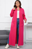 Strawberry Pink Plus Size Side Split Pockets Duster Cardigan - SELFTRITSS