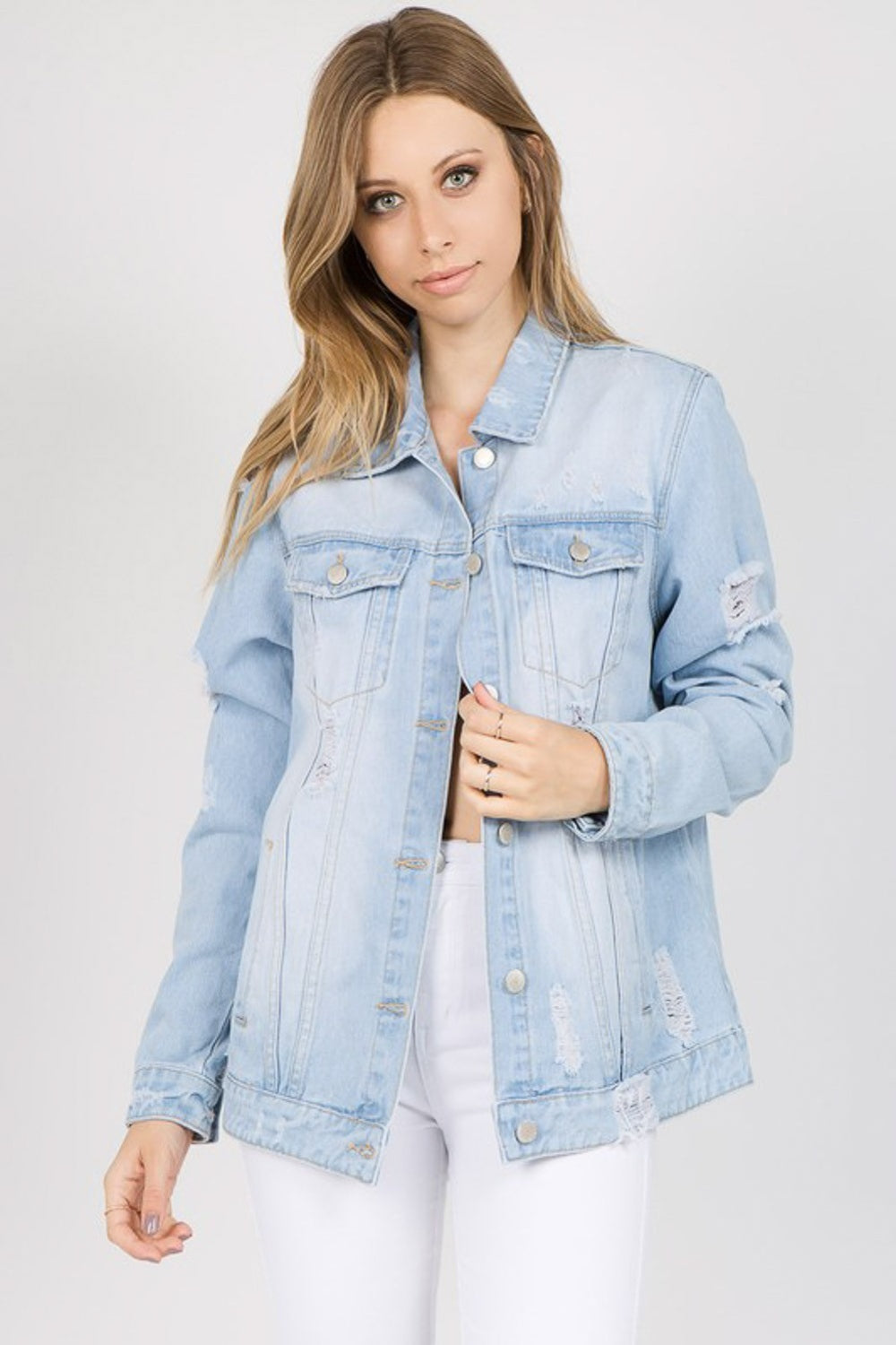 American Bazi Letter Patched Distressed Denim Jacket - SELFTRITSS