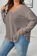 Simply Taupe Waffle Knit Drop Shoulder Button V Neck Plus Size Top - SELFTRITSS   