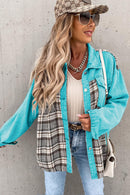 Sky Blue Plaid Patchwork Pockets Denim Jacket - SELFTRITSS   