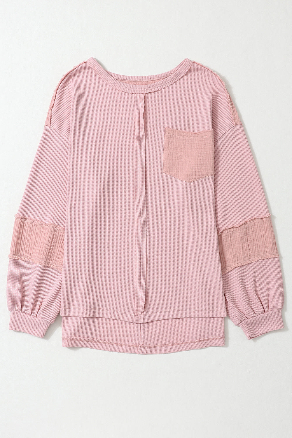 Pink Exposed Seam Patchwork Bubble Sleeve Waffle Knit Top - SELFTRITSS   