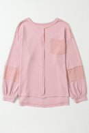 Pink Exposed Seam Patchwork Bubble Sleeve Waffle Knit Top - SELFTRITSS   