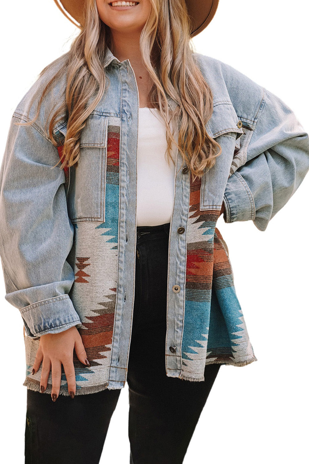 Sky Blue Plus Size Denim Aztec Jacket - SELFTRITSS