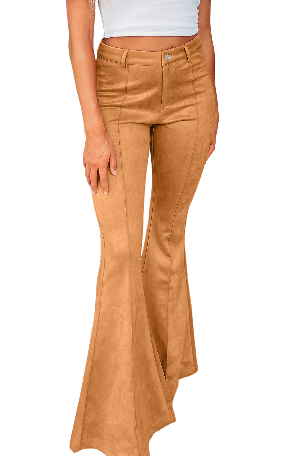 Brown Exposed Seam Flare Suede Pants with Pockets - SELFTRITSS   