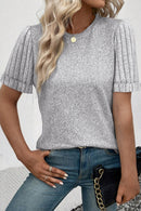 Gray Ribbed Splicing Sleeve Round Neck T-shirt - SELFTRITSS