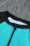Green Color Block Zipper Long Sleeve Rash Guard Swimwear - SELFTRITSS