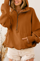 Brown Ribbed Trim Kangaroo Pocket Zipped Hoodie - SELFTRITSS