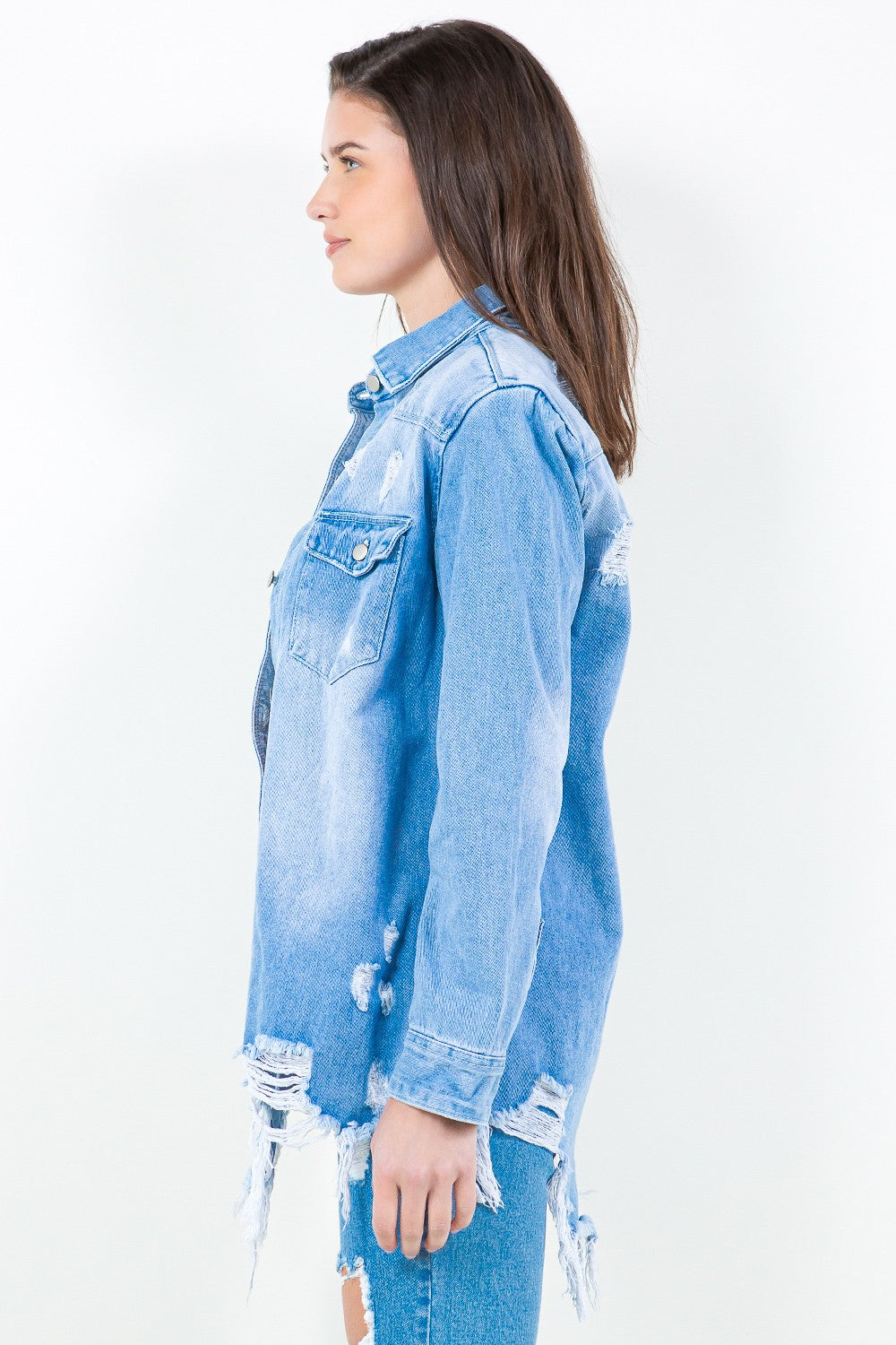 American Bazi Frayed Hem Distressed Denim Shirt Jacket - SELFTRITSS