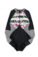 Floral Striped Patchwork Rashguard One-piece Swimsuit - SELFTRITSS