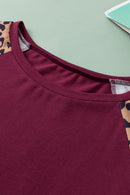 Burgundy Contrast Leopard Raglan Sleeve Plus Size T-shirt - SELFTRITSS