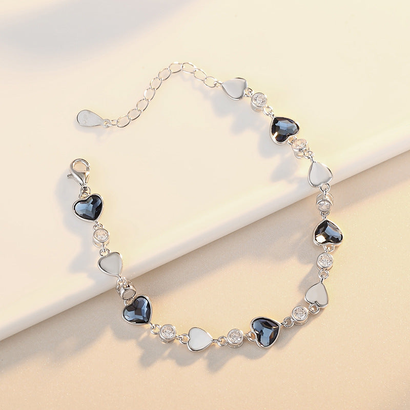 925 Sterling Silver Crystal Love Heart Linked Charm Bracelet - SELFTRITSS