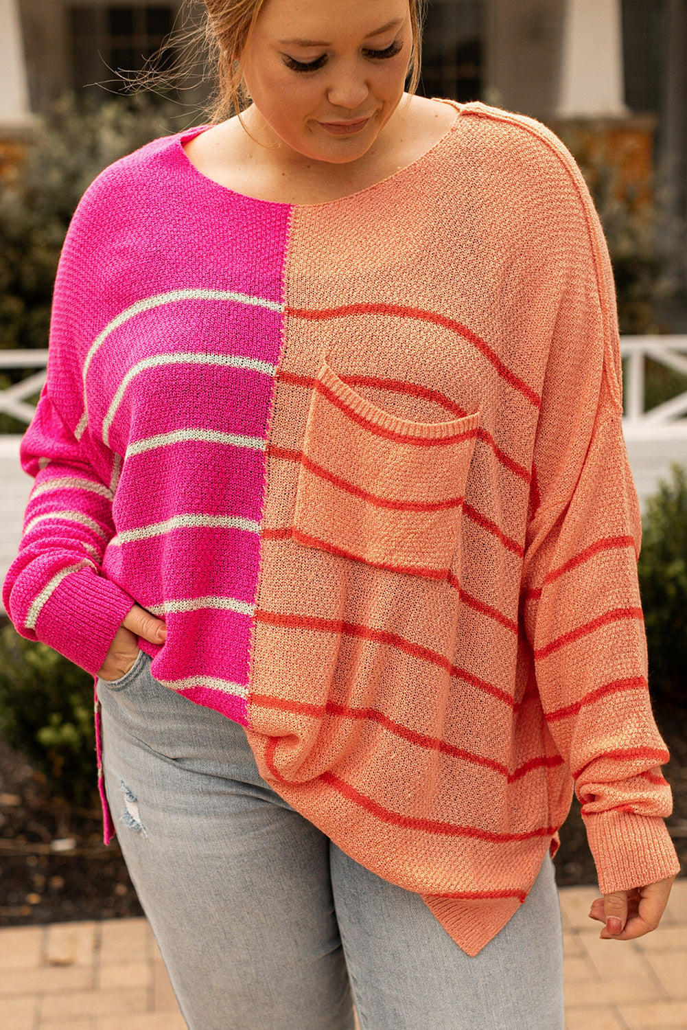 Yellow Plus Size Color Block Striped Patchwork Knit Sweater - SELFTRITSS