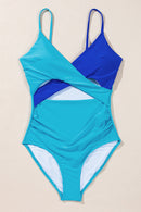 Light Blue Crossover Colorblock Cutout One Piece Swimsuit - SELFTRITSS   