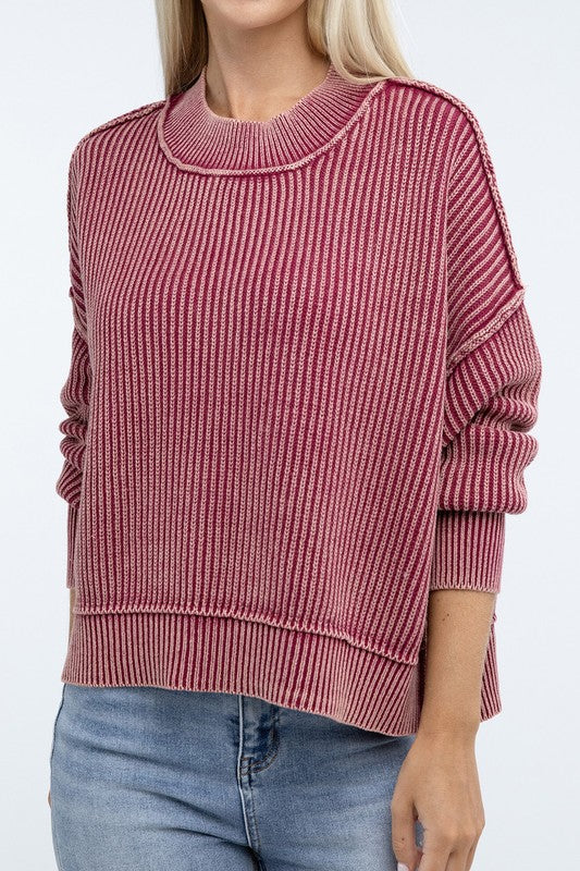 Sage Washed Side Slit Oversized Cropped Sweater