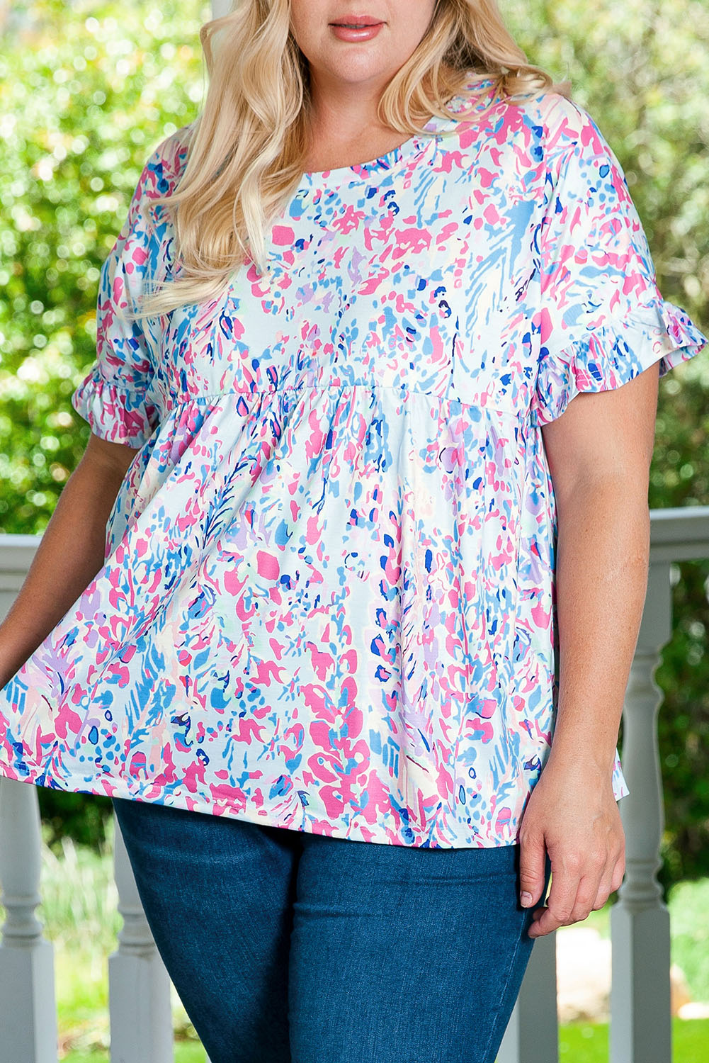 Purple Vibrant Botanical Print Frill Short Sleeve Plus Size Top - SELFTRITSS   