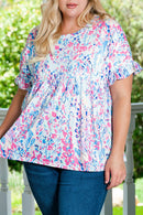 Purple Vibrant Botanical Print Frill Short Sleeve Plus Size Top - SELFTRITSS   