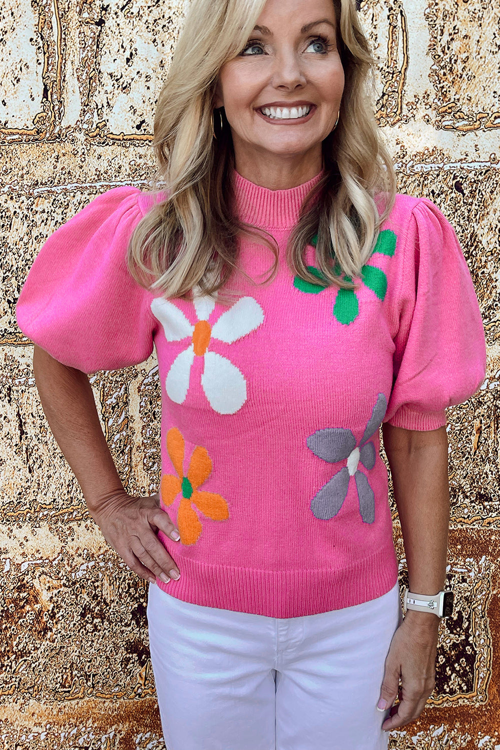 Bright Pink Floral Bubble Short Sleeve Sweater - SELFTRITSS