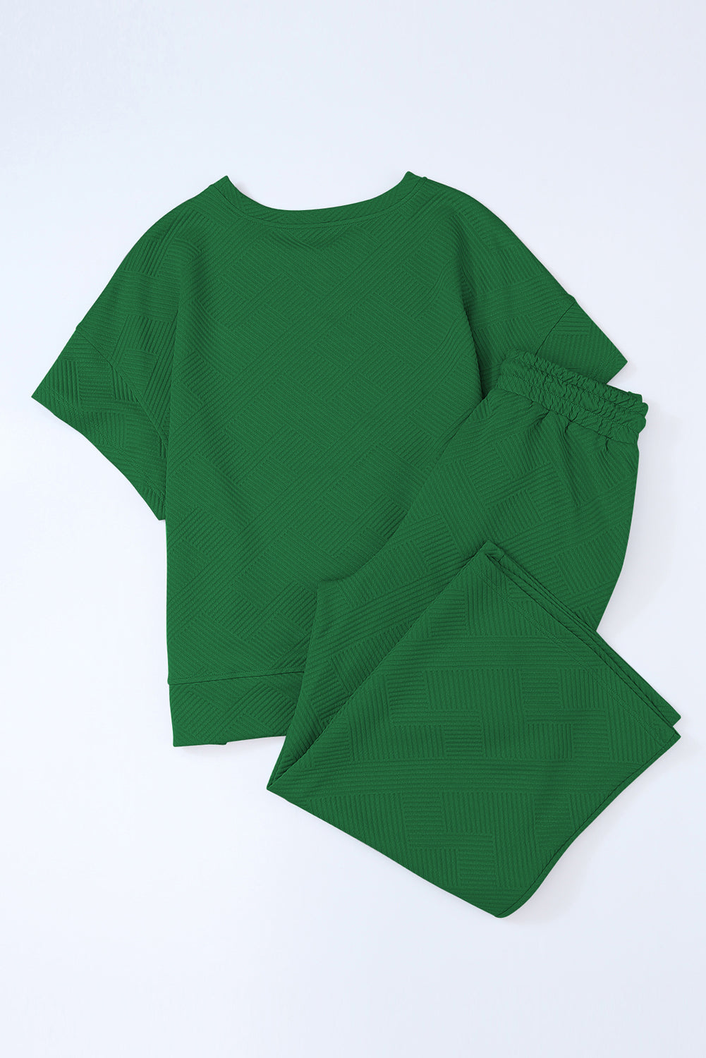 Dark Green Textured Loose Fit T Shirt and Drawstring Pants Set - SELFTRITSS