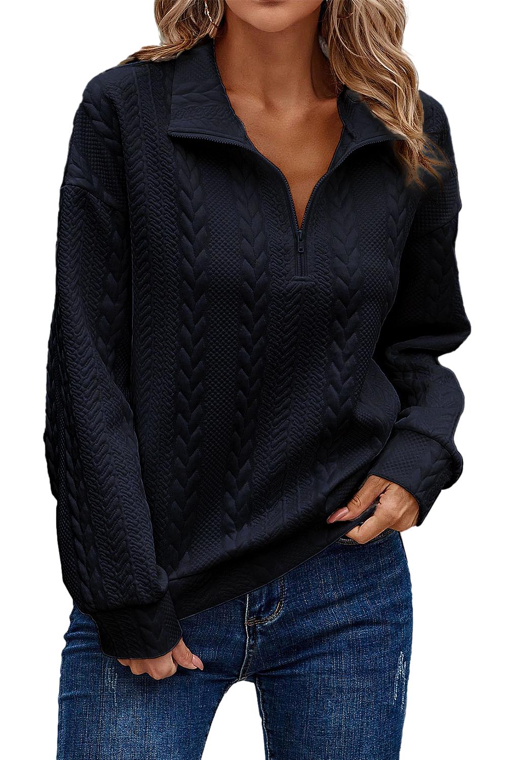 Navy Blue Zip up Cable Textured Sweatshirt - SELFTRITSS   