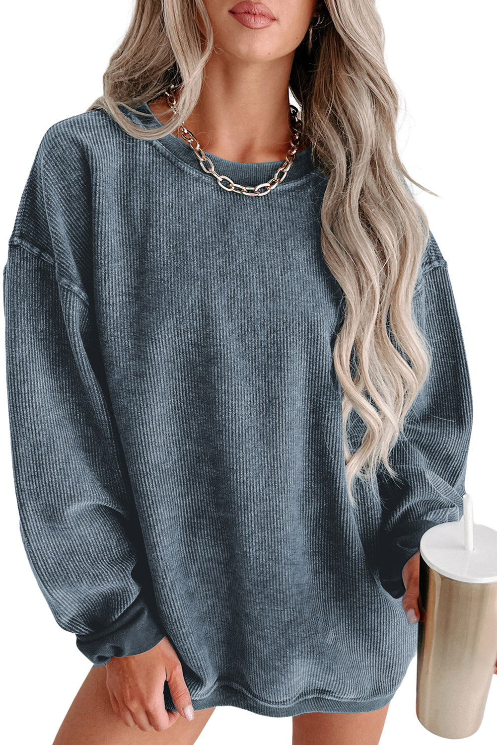 Blue Solid Ribbed Knit Round Neck Pullover Sweatshirt - SELFTRITSS   