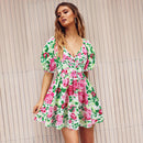 Summer Floral Print V-Neck Lantern-sleeve Dress - SELFTRITSS   