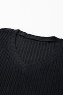 Black Ribbed Knit V Neck Slouchy Two-piece Outfit - SELFTRITSS   