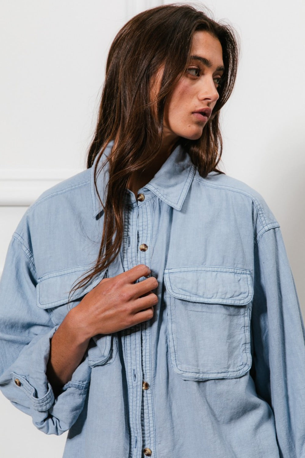 Blue Button Down Stitch Detail Shirt with Chest Pockets