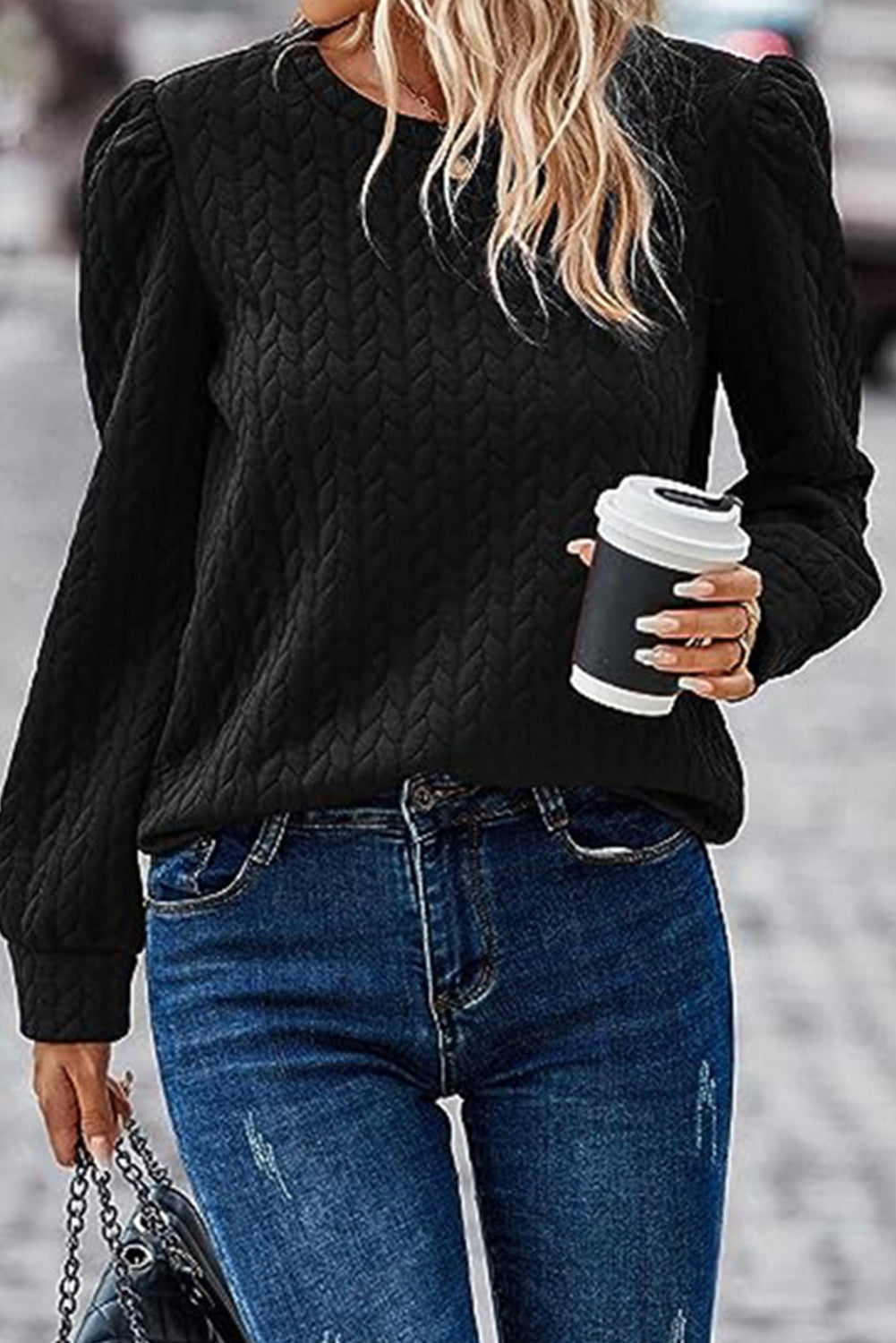 Black Cable Textured Puff Sleeve Sweatshirt - SELFTRITSS