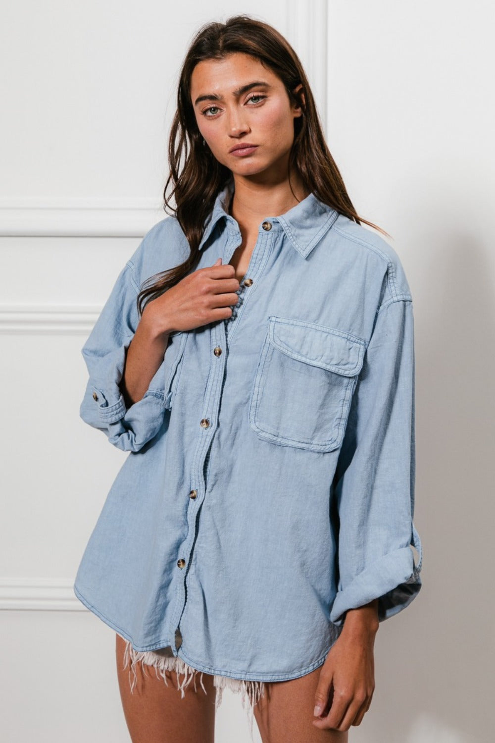 Oversized Button Down Stitch Detail Denim Shirt