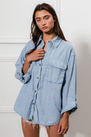 Blue Button Down Stitch Detail Shirt with Chest Pockets