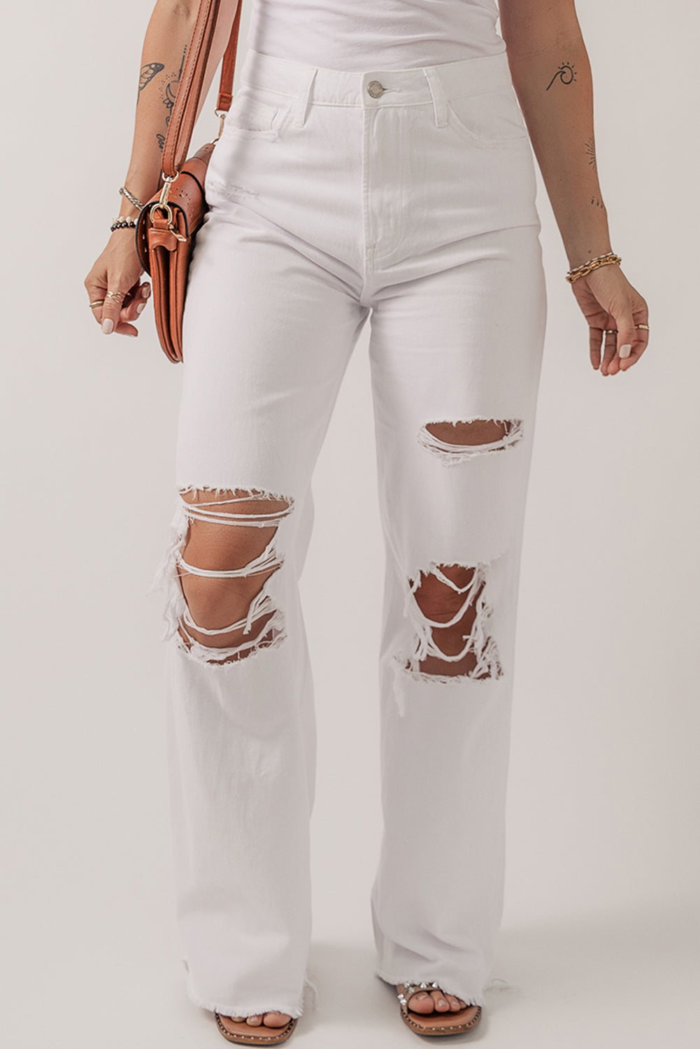 Bright White Heavy Distressed Straight Leg Jeans - SELFTRITSS
